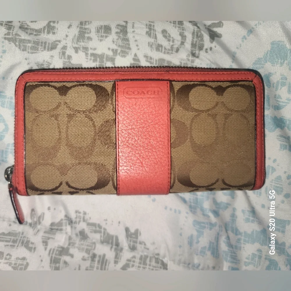Coach Signature Canvas Tan and Pink Wallet